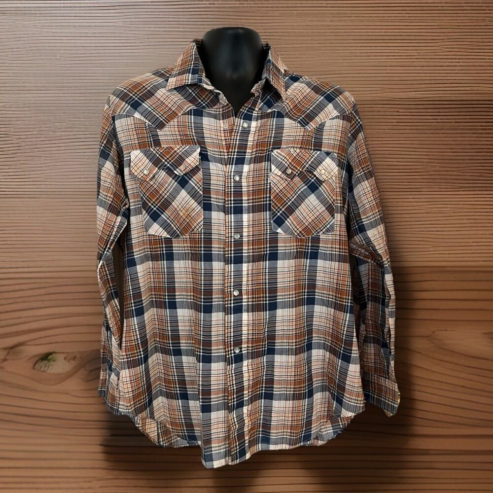 VTG 70s/80s Levis Western Pearl Snap Shirt Brown Blue Sawtooth Yoke Cowboy XL